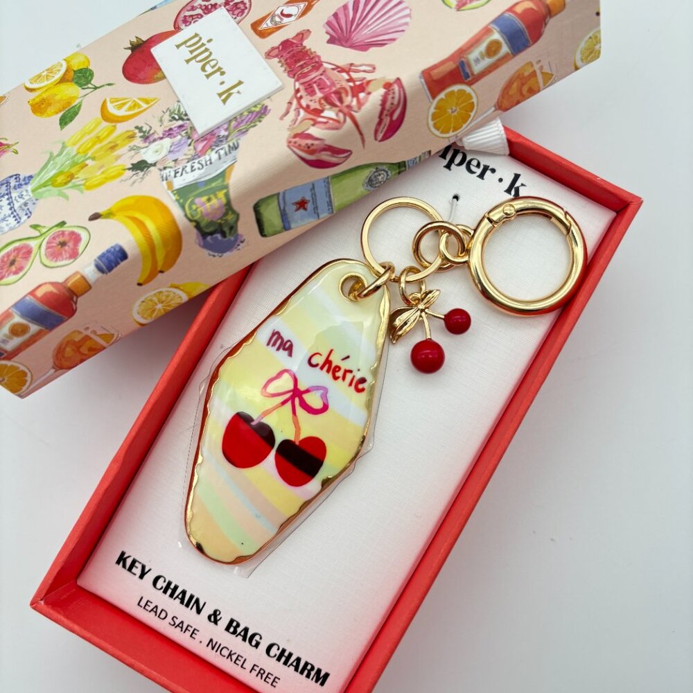 Piper K Gold Striped Red Ma Chérie Cherry Purse Bag Charm Keychain Viral TikTok